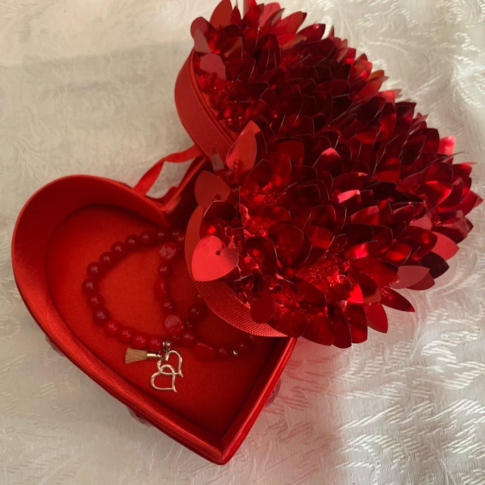 Red Bracelets with Double Heart Silver Charm and Tassel - Picture 3 of 4